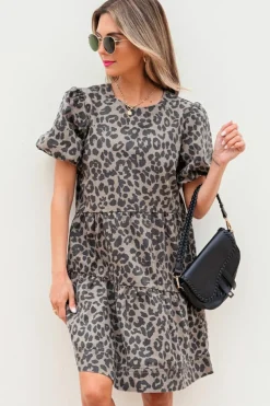 Fashion Dear-Lover Denim Leopard Printed Short Puff Sleeve Mini Dress Brown