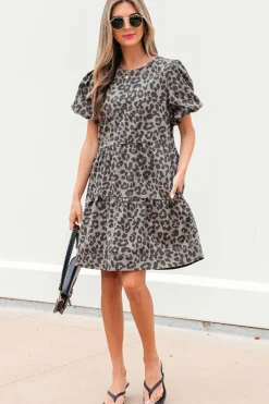 Fashion Dear-Lover Denim Leopard Printed Short Puff Sleeve Mini Dress Brown