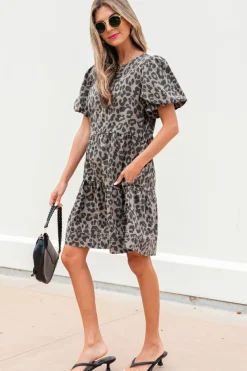Fashion Dear-Lover Denim Leopard Printed Short Puff Sleeve Mini Dress Brown