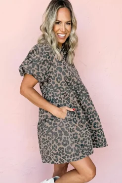Fashion Dear-Lover Denim Leopard Printed Short Puff Sleeve Mini Dress Brown