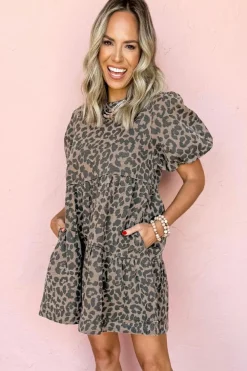 Fashion Dear-Lover Denim Leopard Printed Short Puff Sleeve Mini Dress Brown