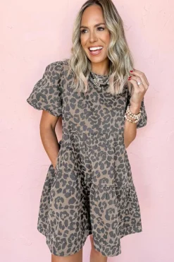 Fashion Dear-Lover Denim Leopard Printed Short Puff Sleeve Mini Dress Brown