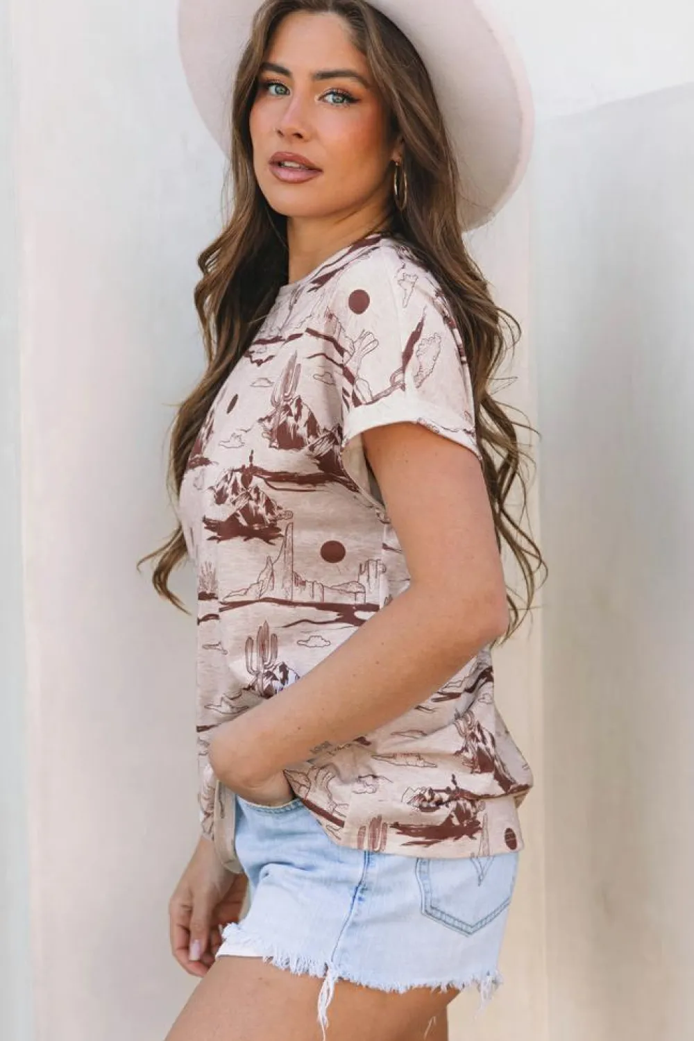 Sale Dear-Lover Desert Sand Print Short Sleeve Knit Top Brown