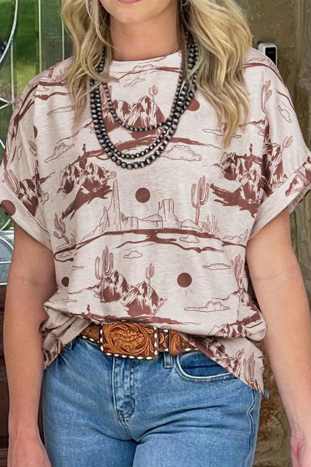 Sale Dear-Lover Desert Sand Print Short Sleeve Knit Top Brown