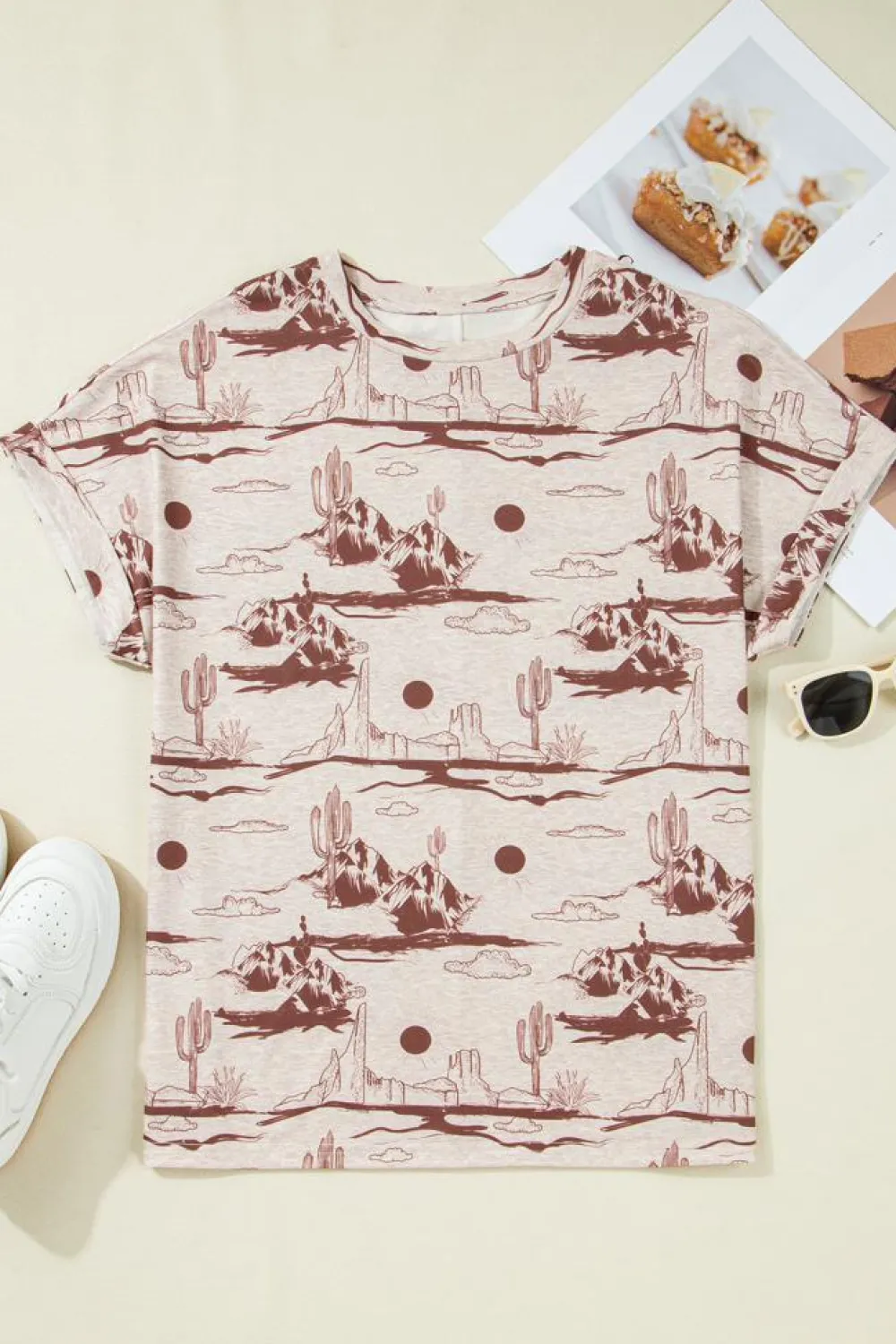 Sale Dear-Lover Desert Sand Print Short Sleeve Knit Top Brown