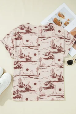 Sale Dear-Lover Desert Sand Print Short Sleeve Knit Top Brown