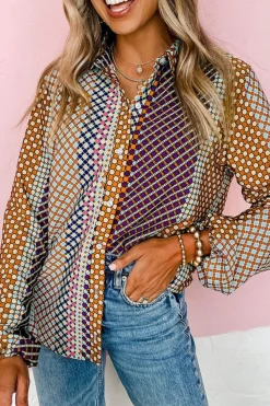 Online Dear-Lover Dot Print Long Sleeve Button Down Shift Shirt Brown