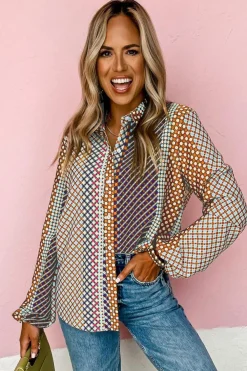 Online Dear-Lover Dot Print Long Sleeve Button Down Shift Shirt Brown