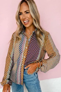 Online Dear-Lover Dot Print Long Sleeve Button Down Shift Shirt Brown