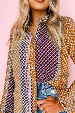 Online Dear-Lover Dot Print Long Sleeve Button Down Shift Shirt Brown