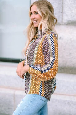 Online Dear-Lover Dot Print Long Sleeve Button Down Shift Shirt Brown