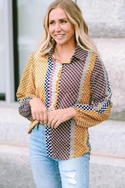 Online Dear-Lover Dot Print Long Sleeve Button Down Shift Shirt Brown