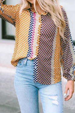 Online Dear-Lover Dot Print Long Sleeve Button Down Shift Shirt Brown