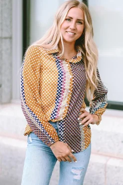 Online Dear-Lover Dot Print Long Sleeve Button Down Shift Shirt Brown