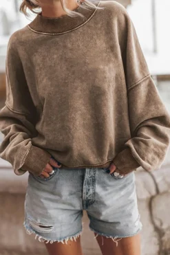Best Dear-Lover Drop Shoulder Crew Neck Pullover Sweatshirt Brown