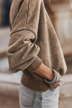 Best Dear-Lover Drop Shoulder Crew Neck Pullover Sweatshirt Brown