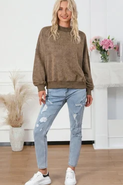 Best Dear-Lover Drop Shoulder Crew Neck Pullover Sweatshirt Brown
