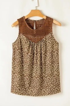 Discount Dear-Lover Eyelet Knit Yoke Patchwork Printed Flowy Fit Tank Top Brown
