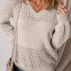 Clearance Dear-Lover Eyelet Pattern Detail V Neck Drop Shoulder Sweater Brown