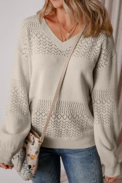 Clearance Dear-Lover Eyelet Pattern Detail V Neck Drop Shoulder Sweater Brown