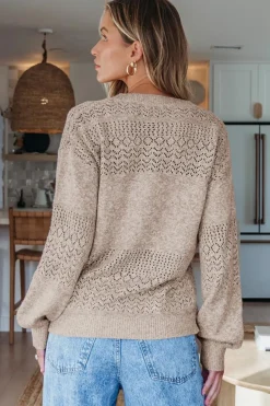 Clearance Dear-Lover Eyelet Pattern Detail V Neck Drop Shoulder Sweater Brown
