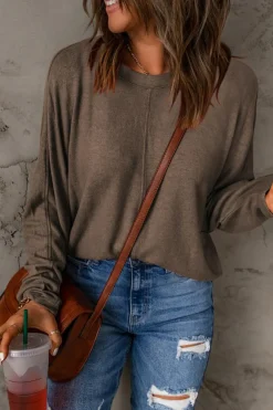 Sale Dear-Lover Fiery Solid Color Patchwork Long Sleeve Top Brown