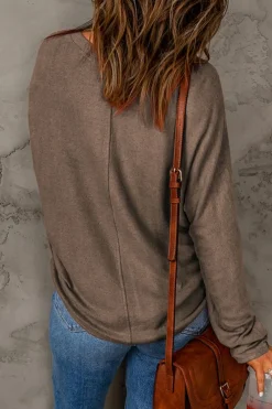 Sale Dear-Lover Fiery Solid Color Patchwork Long Sleeve Top Brown