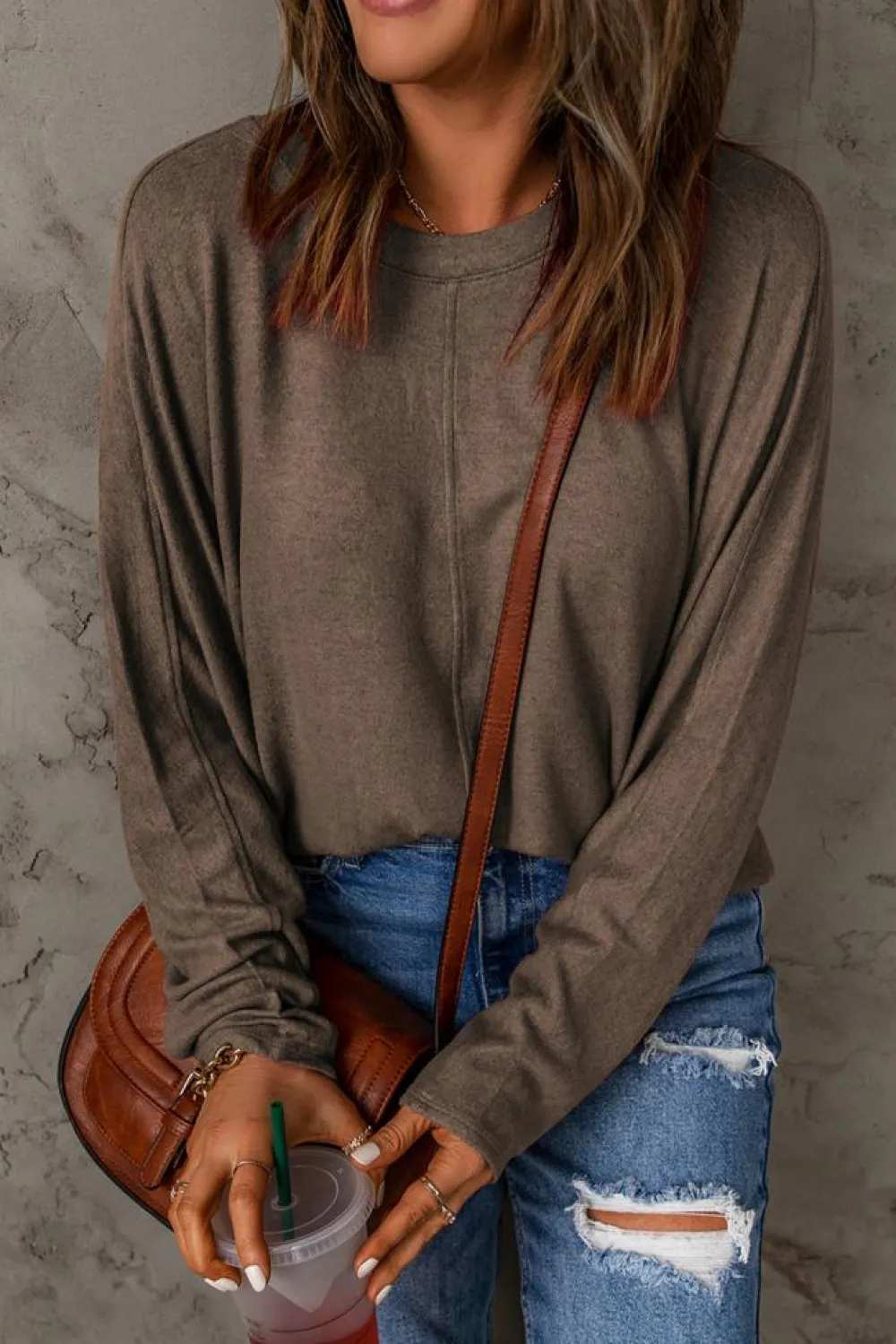 Sale Dear-Lover Fiery Solid Color Patchwork Long Sleeve Top Brown