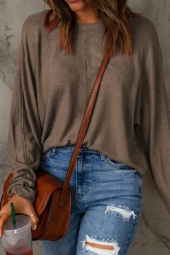 Sale Dear-Lover Fiery Solid Color Patchwork Long Sleeve Top Brown