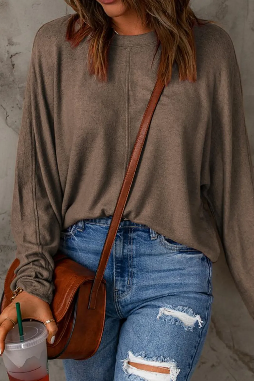 Sale Dear-Lover Fiery Solid Color Patchwork Long Sleeve Top Brown