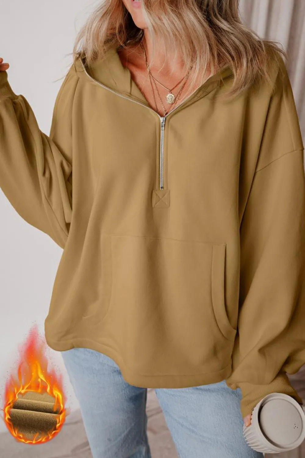 Sale Dear-Lover Fleece Lined Half Zipper Kangaroo Pockets Loose Hoodie Brown
