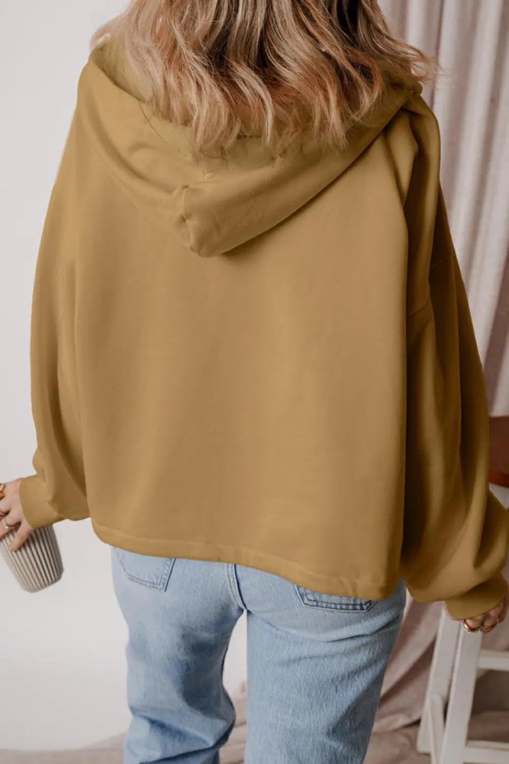 Sale Dear-Lover Fleece Lined Half Zipper Kangaroo Pockets Loose Hoodie Brown