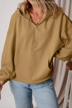 Sale Dear-Lover Fleece Lined Half Zipper Kangaroo Pockets Loose Hoodie Brown