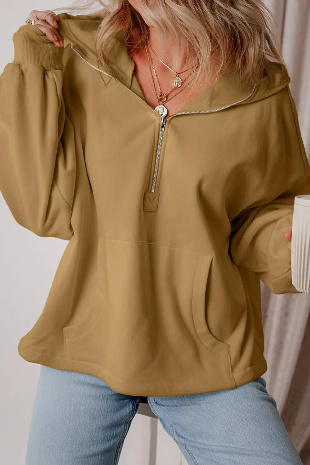 Sale Dear-Lover Fleece Lined Half Zipper Kangaroo Pockets Loose Hoodie Brown