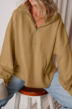 Sale Dear-Lover Fleece Lined Half Zipper Kangaroo Pockets Loose Hoodie Brown