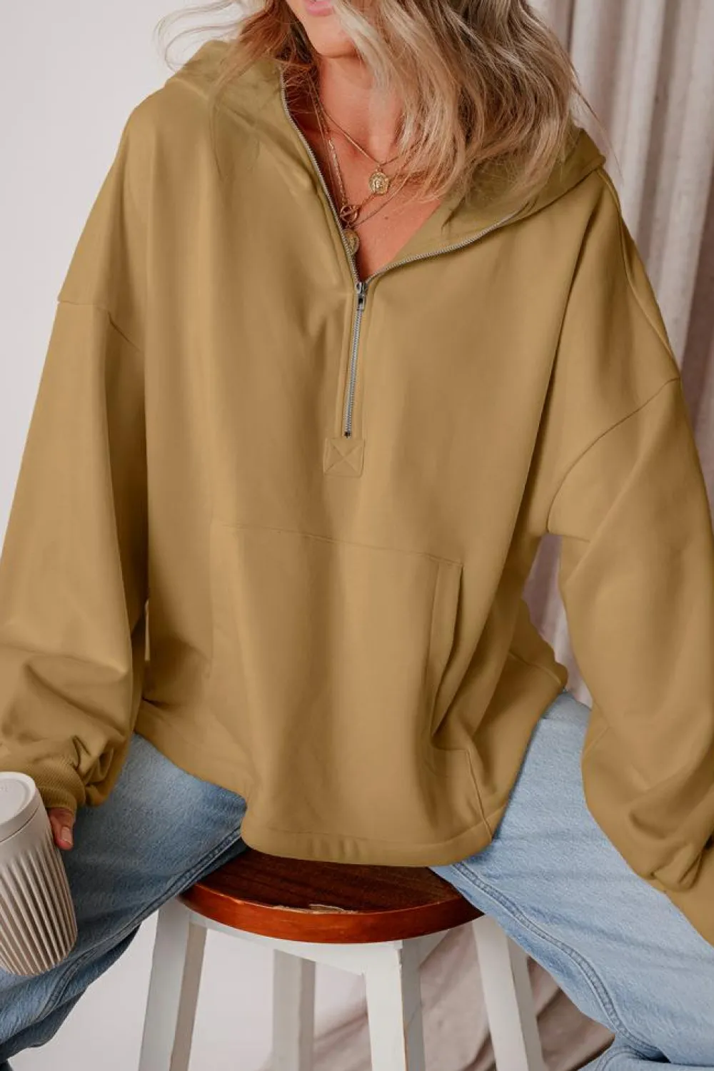 Sale Dear-Lover Fleece Lined Half Zipper Kangaroo Pockets Loose Hoodie Brown