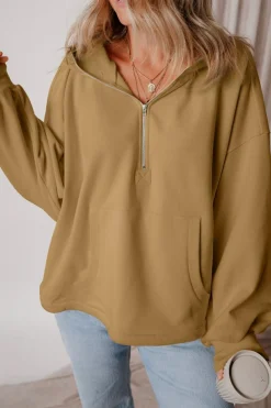 Sale Dear-Lover Fleece Lined Half Zipper Kangaroo Pockets Loose Hoodie Brown