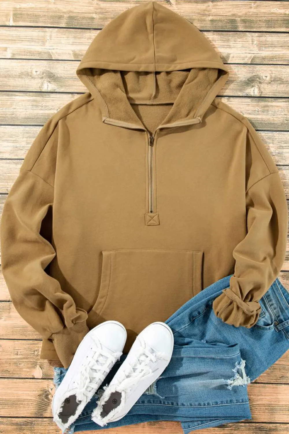 Sale Dear-Lover Fleece Lined Half Zipper Kangaroo Pockets Loose Hoodie Brown