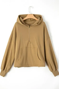 Sale Dear-Lover Fleece Lined Half Zipper Kangaroo Pockets Loose Hoodie Brown