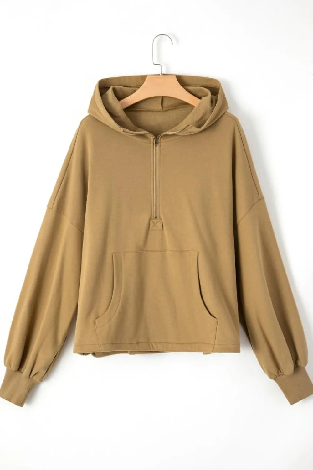 Sale Dear-Lover Fleece Lined Half Zipper Kangaroo Pockets Loose Hoodie Brown
