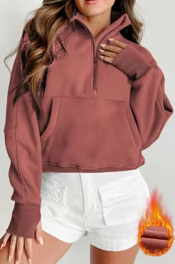 Online Dear-Lover Fleece Lined Zip Up Stand Collar Thumbhole Sleeve Sweatshirt Brown