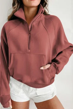 Online Dear-Lover Fleece Lined Zip Up Stand Collar Thumbhole Sleeve Sweatshirt Brown