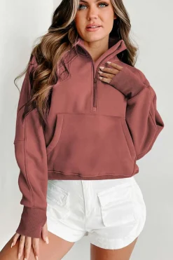 Online Dear-Lover Fleece Lined Zip Up Stand Collar Thumbhole Sleeve Sweatshirt Brown