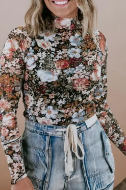 Best Dear-Lover Floral Long Sleeve High Neck Sheath Mesh Blouse Brown