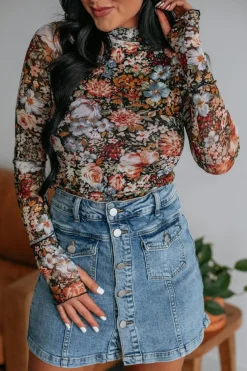 Best Dear-Lover Floral Long Sleeve High Neck Sheath Mesh Blouse Brown