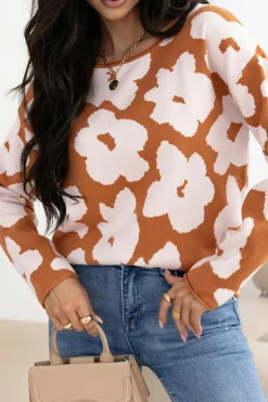 Fashion Dear-Lover Floral Pattern Crew Neck Long Sleeve Loose Sweater Brown