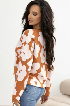 Fashion Dear-Lover Floral Pattern Crew Neck Long Sleeve Loose Sweater Brown
