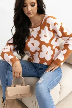 Fashion Dear-Lover Floral Pattern Crew Neck Long Sleeve Loose Sweater Brown
