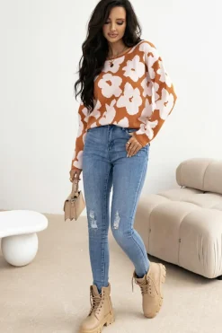 Fashion Dear-Lover Floral Pattern Crew Neck Long Sleeve Loose Sweater Brown