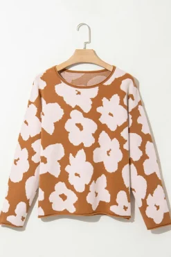Fashion Dear-Lover Floral Pattern Crew Neck Long Sleeve Loose Sweater Brown